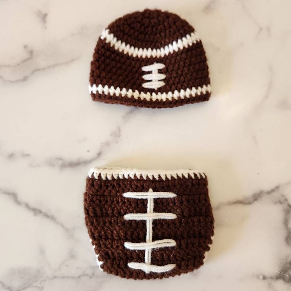 Newborn baby boy handmade brown white football crochet knit beanie diaper cover